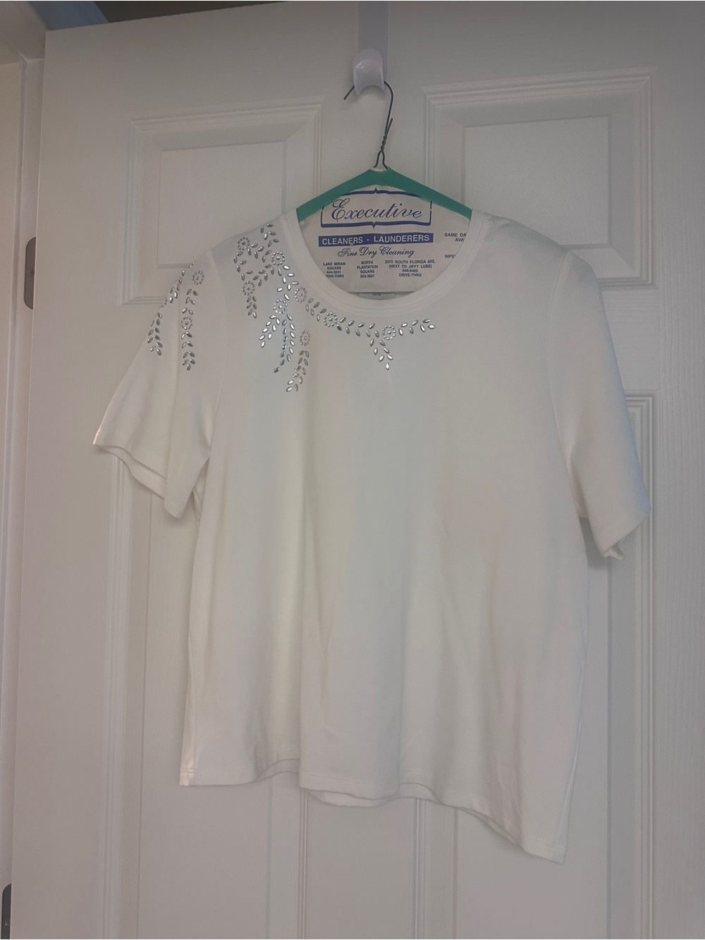 Joie White Short-Sleeve Crewneck Top with Crystal Embellishments